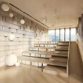 Modern Hotel Lobby Interior Design With Staircase Circular Pendant Lights And Large Windows