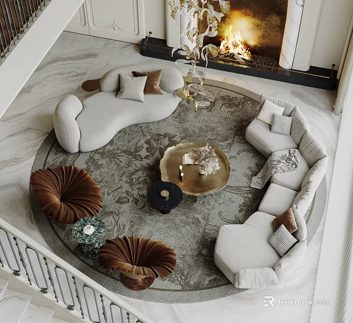 Modern Curved Beige Sofa And Gold Round Coffee Table With Patterned Rug And Brown Accent Chairs 3d model 