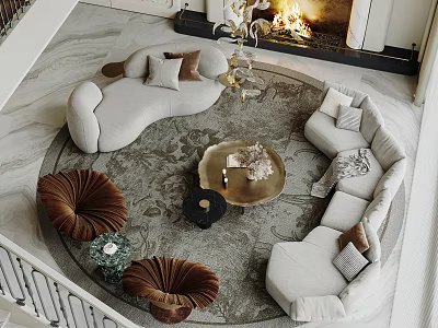 Modern Curved Beige Sofa And Gold Round Coffee Table With Patterned Rug And Brown Accent Chairs 3d model