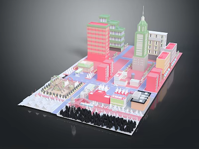 Colorful Cartoon City Scene With Various Buildings And Urban Street Layout 3d model