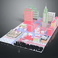 Colorful Cartoon City Scene With Various Buildings And Urban Street Layout