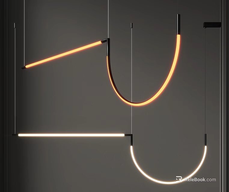 Modern Pendant Lights With Curved Linear Design Warm Orange White Glow Hanging In Minimalist Ceiling 3d model 
