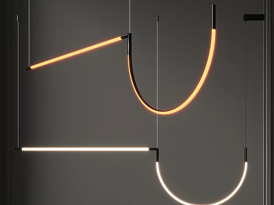 Modern Pendant Lights With Curved Linear Design Warm Orange White Glow Hanging In Minimalist Ceiling 3d model