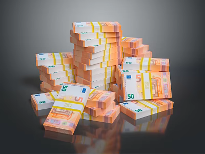 Box with Stacked 50 Euro Banknotes on Dark Reflective Surface 3d model