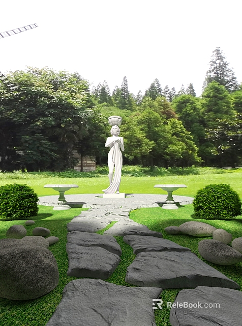 Tranquil Courtyard Garden with White Statue Trimmed Hedges Stone Path Green Lawn and Trees 3d model 