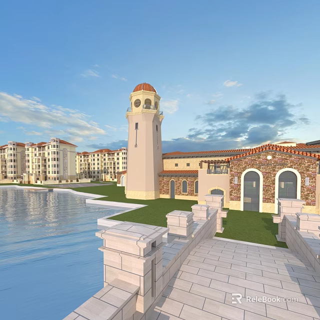 Modern Residential Buildings With Clock Tower Red Roof Waterfront Green Lawn And Stone Railings 3d model 