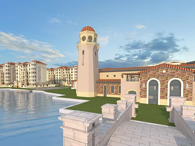 Modern Residential Buildings With Clock Tower Red Roof Waterfront Green Lawn And Stone Railings 3d model