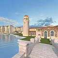 Modern Residential Buildings With Clock Tower Red Roof Waterfront Green Lawn And Stone Railings