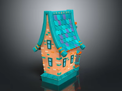 Cartoon Fairy Tale House with Orange Walls Blue Tiled Roof Windows and Door 3d model