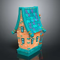 Cartoon Fairy Tale House with Orange Walls Blue Tiled Roof Windows and Door