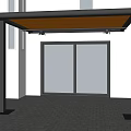 Modern Building Entrance With Orange Awning Black Frame Glass Door And Green Plants