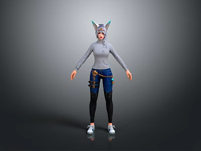 3D Character In Gray Hoodie Blue Jeans Black Leggings White Shoes Cat Ear Headpiece 3d model