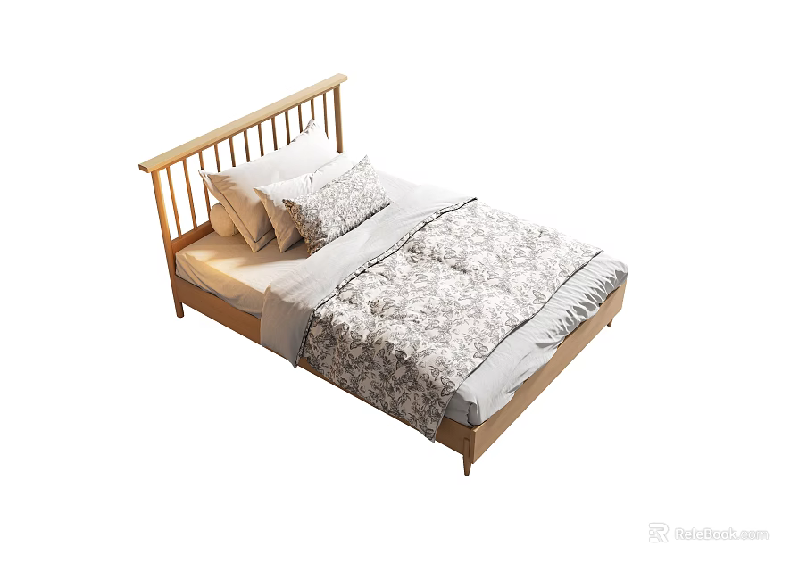 Simple Single Bed With Wooden Headboard Patterned Quilt And Pillows 3d model