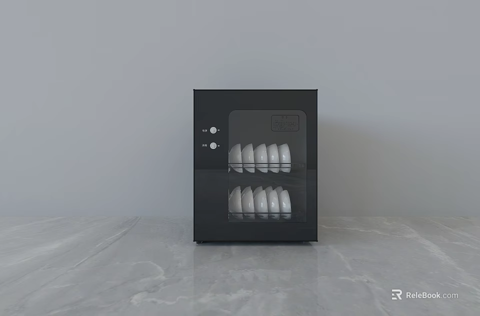 Modern Black Kitchen Dish Sterilizer Appliance With White Dishes On Marble Countertop 3d model 