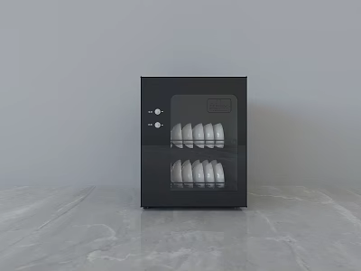 Modern Black Kitchen Dish Sterilizer Appliance With White Dishes On Marble Countertop 3d model