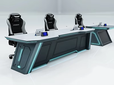 Futuristic Modern Functional Desk With Three Black Ergonomic Chairs And Blue LED Lights 3d model