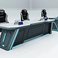 Futuristic Modern Functional Desk With Three Black Ergonomic Chairs And Blue LED Lights