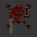 Red Mechanical Robot With Weapon And Reflective Metal Body Surfaces