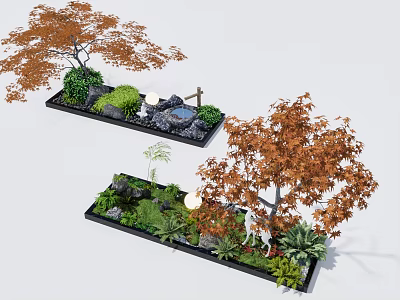 Garden Ornamental Arrangement With Orange Maple Trees Small Water Feature Stones And Green Plants 3d model