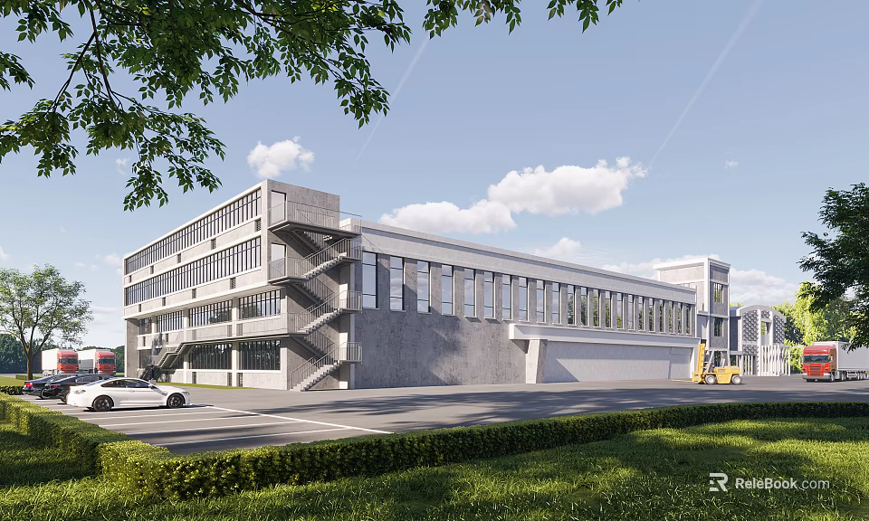 Modern Industrial Factory Building With Gray Exterior Large Glass Windows Multi Story Structure And Greenery 3d model 