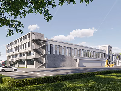 Modern Industrial Factory Building With Gray Exterior Large Glass Windows Multi Story Structure And Greenery 3d model