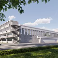 Modern Industrial Factory Building With Gray Exterior Large Glass Windows Multi Story Structure And Greenery