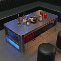 Modern Silver Coffee Table With Blue Lighting Wine Bottles Fruit Platter And Wine Glasses