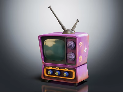 Retro Vintage Purple TV With Green Screen Dual Antennas And Decorative Front Knobs 3d model