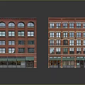Red Brick Residential Building With Multiple Windows Ground Floor Storefronts And Green Awnings