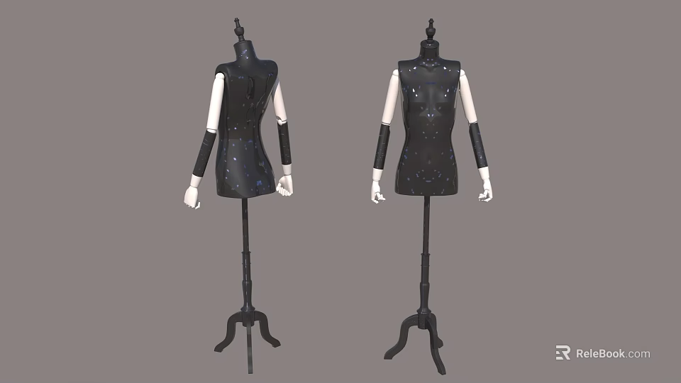 Two Black Mannequins Wearing Sequined Dresses With White Arms On Stands 3d model 