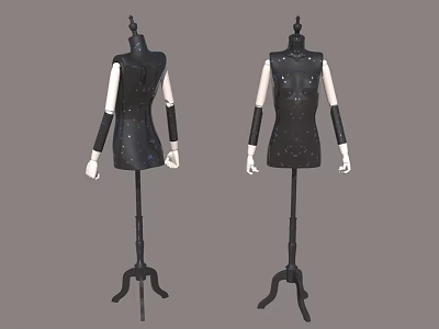 Two Black Mannequins Wearing Sequined Dresses With White Arms On Stands 3d model