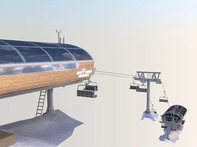 Modern Wooden Cable Car Station With Glass Roof And Hanging Gondolas In Snowy Landscape 3d model