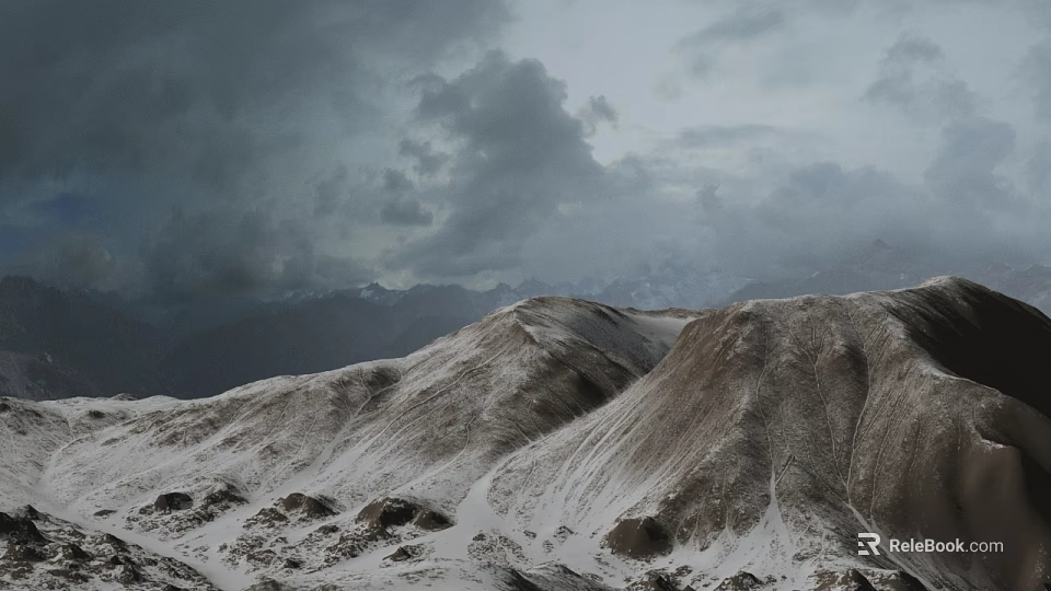 Dramatic Natural Landscape Featuring Dark Clouds Over Snowy Mountain Range With Partially Snow Covered Slopes 3d model 