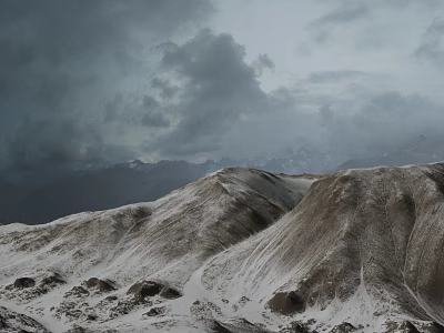 Dramatic Natural Landscape Featuring Dark Clouds Over Snowy Mountain Range With Partially Snow Covered Slopes 3d model