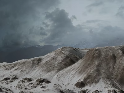 Dramatic Natural Landscape Featuring Dark Clouds Over Snowy Mountain Range With Partially Snow Covered Slopes 3d model