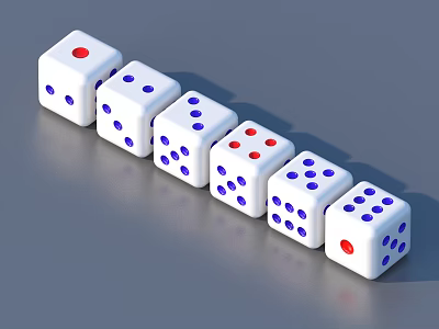 White Dice With Red And Blue Dots Arranged In A Row On Gray Shiny Surface 3d model