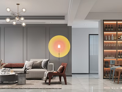 Elegant Modern Luxury Living Dining Room With Round Wall Art Sofa And Chandelier 3d model