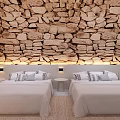 Cozy Hotel Room Interior Featuring Stone Arch Ceiling White Beds Built-in TV And Soft Lighting