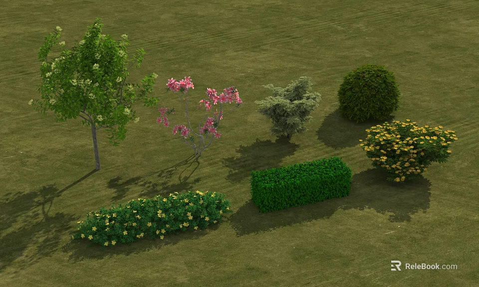 Beautiful Garden Scene with Various Flowering Shrubs Trees and Green Bushes 3d model 
