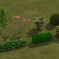 Beautiful Garden Scene with Various Flowering Shrubs Trees and Green Bushes