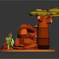 3D Model Plants Scene with Red Trunks Yellow Leaves Green Cacti and Red Rocks