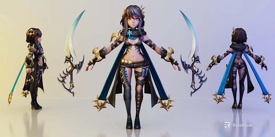 Fantasy Game and Movie Character with Dual Swords Cloak and Golden Accents 3d model 