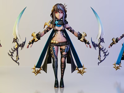 Fantasy Game and Movie Character with Dual Swords Cloak and Golden Accents 3d model