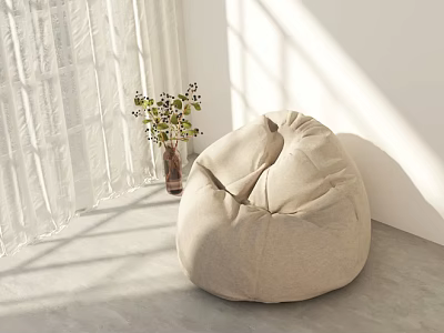 Beige Bean Bag Chair In Bright Room With Sunlight White Curtains And Green Plant 3d model