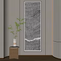 Vertical Abstract Line Art Painting in Modern Interior with Green Plant Vase on Wooden Table