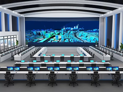 Modern Monitoring Room With City Display Multiple Monitors And Chairs 3d model