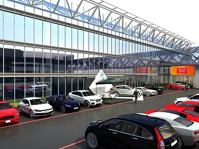 Modern Commercial Street With Glass Curtain Walls And Parking Lot Featuring Multiple Cars And Pedestrians 3d model