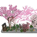 Garden Courtyard Featuring Pink White Cherry Blossom Trees Stone Structure Green Plants Gravel Ground