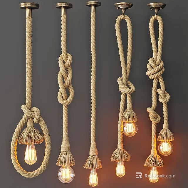 Rustic Jute Rope Pendant Lights With Unique Knot Designs And Warm Glowing Bulbs 3d model 