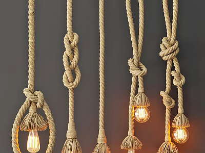 Rustic Jute Rope Pendant Lights With Unique Knot Designs And Warm Glowing Bulbs 3d model